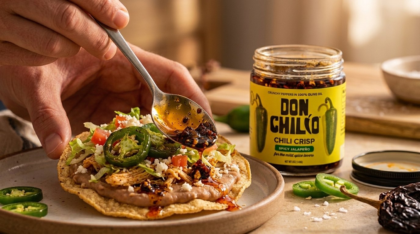 Don Chilio chili crisp being spooned onto a tortilla